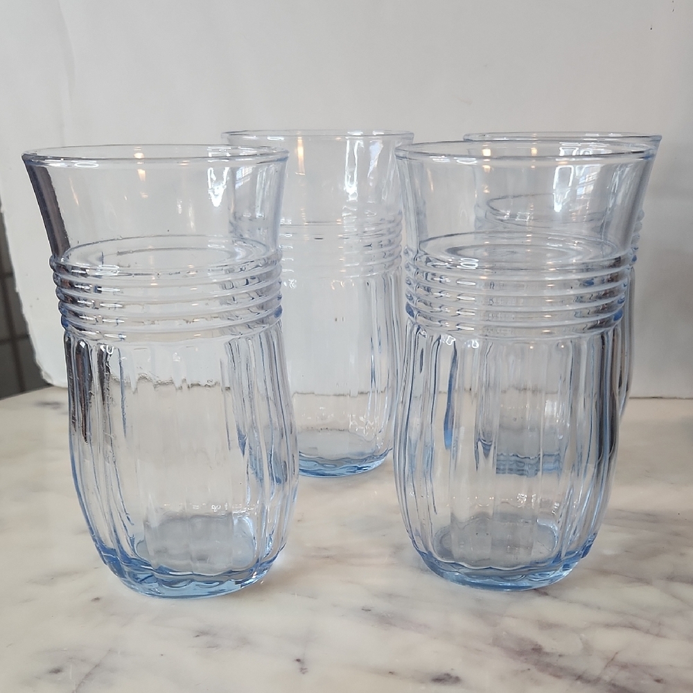 Vintage | Light Blue Ribbed Vertical Bars | 16oz Glasses